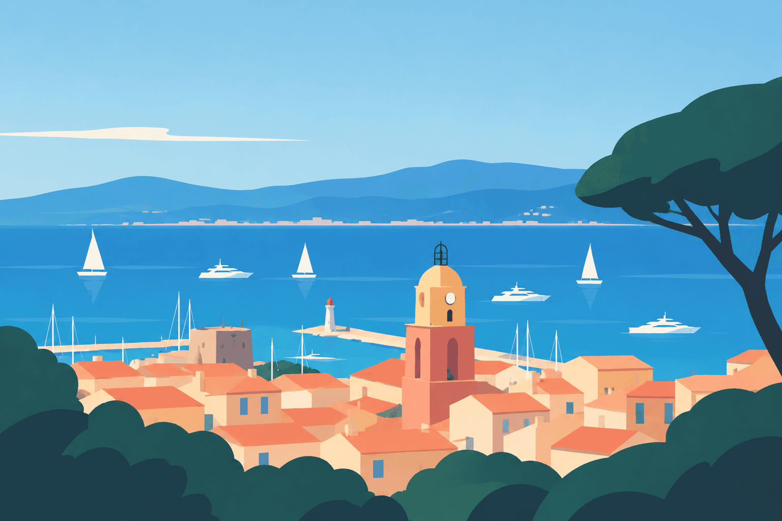 Illustration du village de Saint-Tropez, son clocher et le golfe parsemé de voiliers